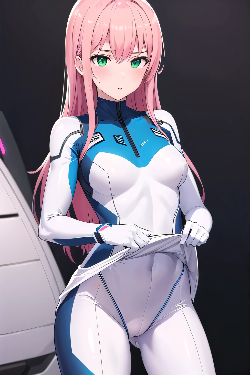 1girl,Samus aran,solo,green eyes, pink hair, forehead   hair, white zero suit,white body suit,purple stripes,cowboy shot,blush,,Science fiction,ultra-detailed,sharp focus,aesthetic,(best quality), white background, (clothes lift:1.2)