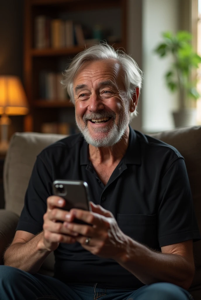 happy old man in black shirt with cell phone in hand