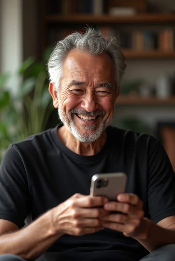 happy old man in black shirt with cell phone in hand