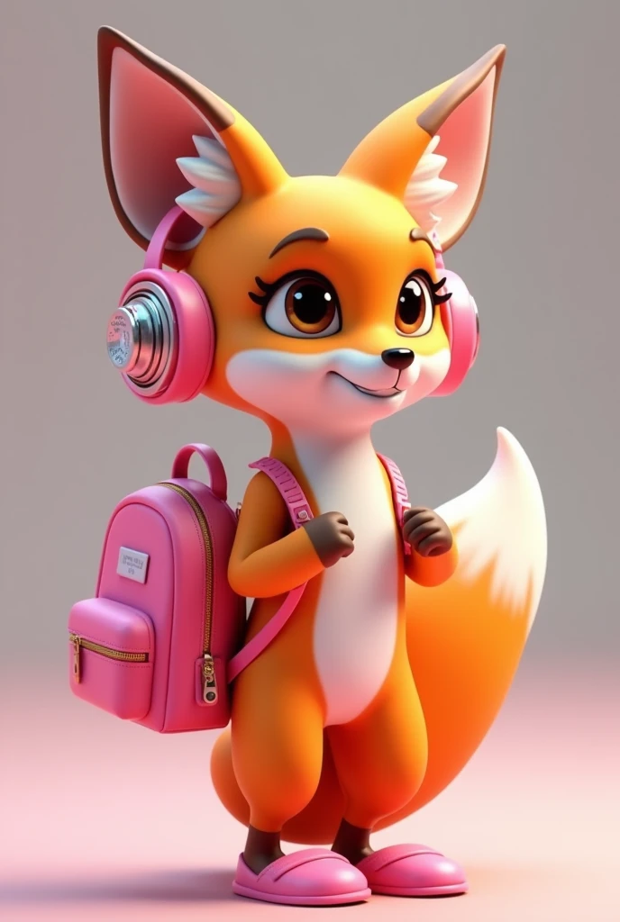 Create a 3D Disney Pixar style fox named Chic Fox. She must exude a modern personality, elegant and captivating, perfect for a section dedicated to accessories and fashion.
colors: Vibrant shades of orange and white, with pink details and accessories to maintain cohesion with the other mascots.
Accessories:
Headphone Type Earphone: A pair of modern headphones with pink ear pads and frames. Design may include metallic finishes or subtle patterns.
Modern Backpack: A stylish backpack in pink, with lighter pink or metallic details. The backpack may have elements such as shiny zippers, patches ou estampas fashion.
smartwatch: A modern smartwatch with a pink strap, adding a touch of sophistication and functionality to the look.
vestimentas: A basic pink shirt, Woman's style, that complements the look in an elegant and modern way.
Expressions: Confident smile and bright brown eyes, with an expression that conveys style and sophistication.
Activities and Poses:
Usando o Headphone: Showing the fox using the headphones, perhaps adjusting them or listening to music with a satisfied smile.
Modeling the Backpack: Showing off the trendy backpack and smartwatch, showing how accessories match.
Style Tips: Pointing to a board with tips on how to choose and use accessories, how to combine headphones, backpacks and smartwatches.
Interactivity on the Website:
Hover animations: Animated movements like adjusting headphones, show the smartwatch in operation, or interact with the backpack.
Fashion Messages: Friendly messages with tips on accessories, fashion trends and how to combine items for a modern look.