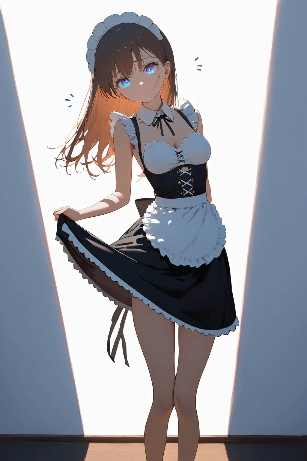 (Masterpiece:0.9), best quality, (illustration, very aesthetic:0.95), (ultra detailed), 1girl, teen, 16 years, intricate details, solo, standing, slim, skinny, medium breast, detailed eyes, looking at viewer, head tilt, shy, (full body), arms behind back, maid outfit, grabbing dress, (cinematic lighting, rim light), absurd, (white background:1.4),
