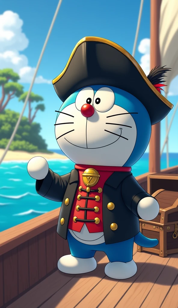Image of Doraemon wearing a black hat pirate costume, black and red suit. Standing on the boat looking at the island next to it is a treasure chest
