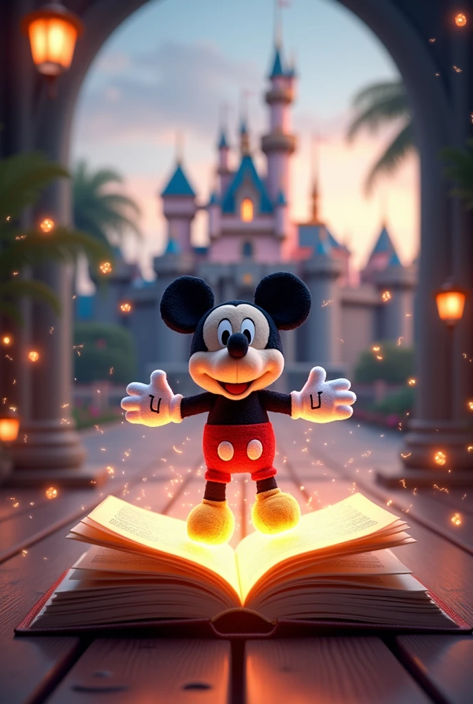 A Disney castle background , with an open book on the floor and the stuffed mickey flying out of the book , with lots of light and magic objects