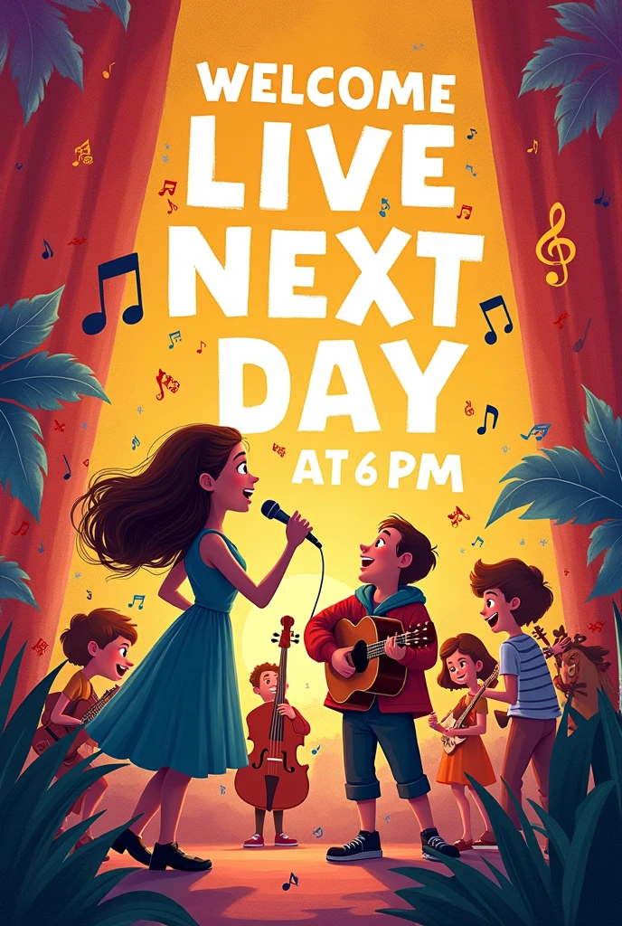 Create an image, with musical theme, in Spanish that says. 

"Hi guys, Tomorrow there will be live at 6 pm, I wait for you".