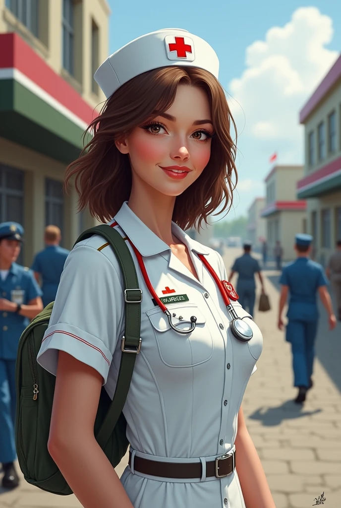 create the image of a female nurse on a military base. 50 years old, brown hair and brown eyes and friendly