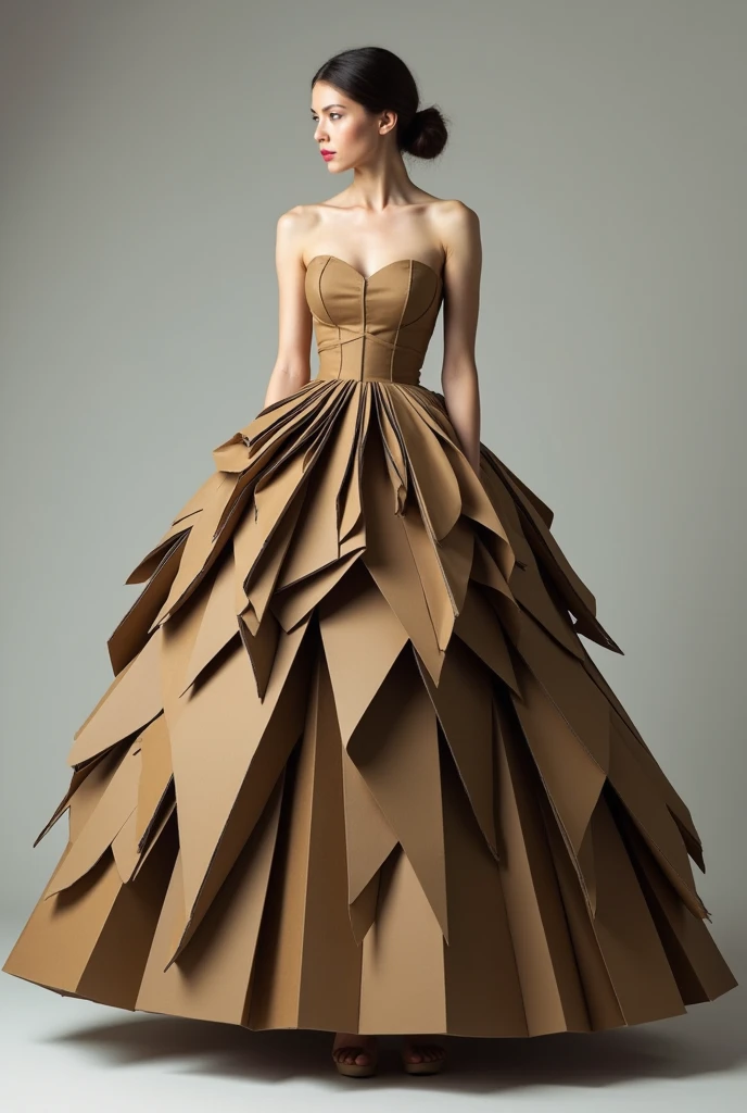 A girl wearing a ball gown, a long dress with a cut at the shoulders and a low neckline, exposed arms and long, puffy skirts, made of cardboard in different colors, such as brown and dark brownish.