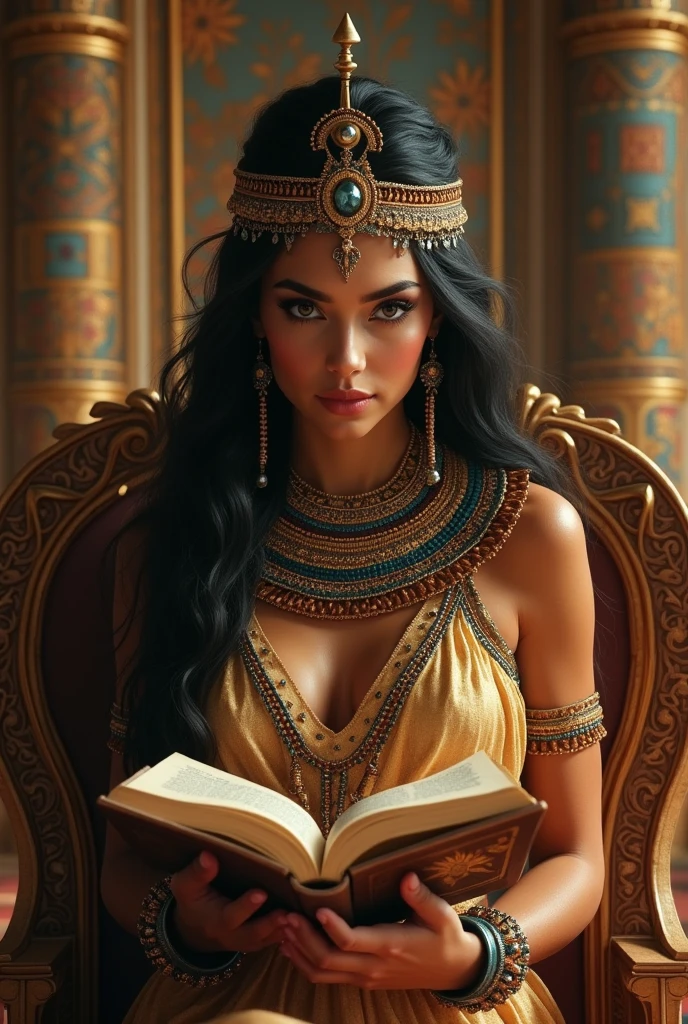 woman in Egyptian costume reading a book in a chair, aztec princess portrait, Egyptian princess, Hermosa Cleopatra, Portrait of Cleopatra, inspired dust Hedi Xandt, dust Hedi Xandt, The former princess Libu, wearing an Egyptian crown, Aztec empress, Egyptian, Goddess. Extremely high detail, Cleopatra in her palace, epic 3 d yemaya