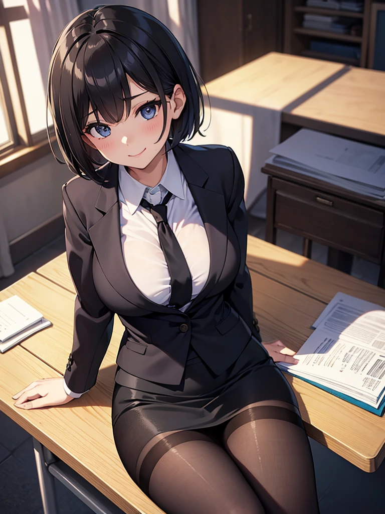 masterpiece, best quality, high definition images, atmospheric perspective, expressive eyes, perfect face, ultra detailed, solo, 1mature seductive woman alluring, lying back down on desk, sprawling, teasing smile, look ecstasy, sweaty, black short bob hair, female teacher, business suit, jacket, blouse, pencil skirt, tight mini skirt, lifting skirt, spread legs, black panties, curvy, thighs, pantyhose, high heals, from above, in study room,