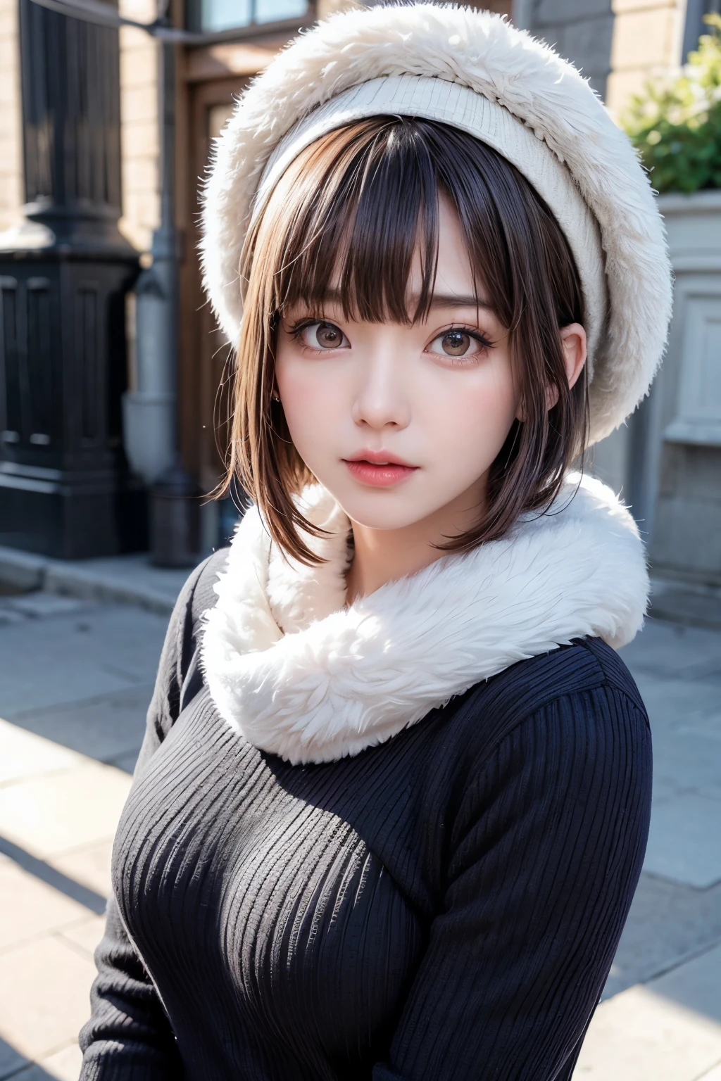 (masterpiece, Highest quality),One Girl, solo, Black-haired, scarf, hat, Realistic, Realistic, Looking at the audience, Light-coloured black eyes, Short brunette bob hair, Brown coat, Winter clothes, White headscarf, Lips, Bans, Plein Air, Mouth closed, Upper body、Big eyes、Eyelashes、((Beautiful landscape with sparkling snow))、(((Short bob hair with bangs、Shiny Hair、Big eyes、large full chest、Intensely accentuates the eyes、Staring at the audience、Beautiful beauty、Listen carefully、Long neck、Smile a little、Please close your mouth and laugh、Ideal body proportions)))、{huge|big|hugeな|Mega} chest:2, chestの谷間:2