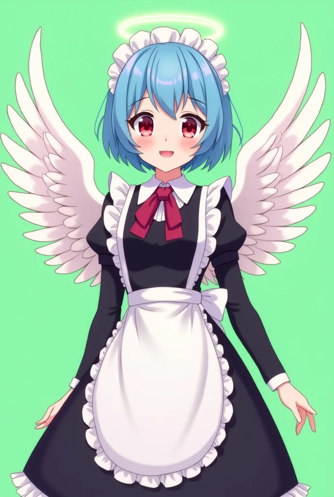 
Maid cafe maid with short blue hair, Red eyes, that shows a happy smile, age range between 18 and 26 years, with angel wings, black long sleeve uniform, anime style completely in 2D, with pastel colors, with a completely flat and green background