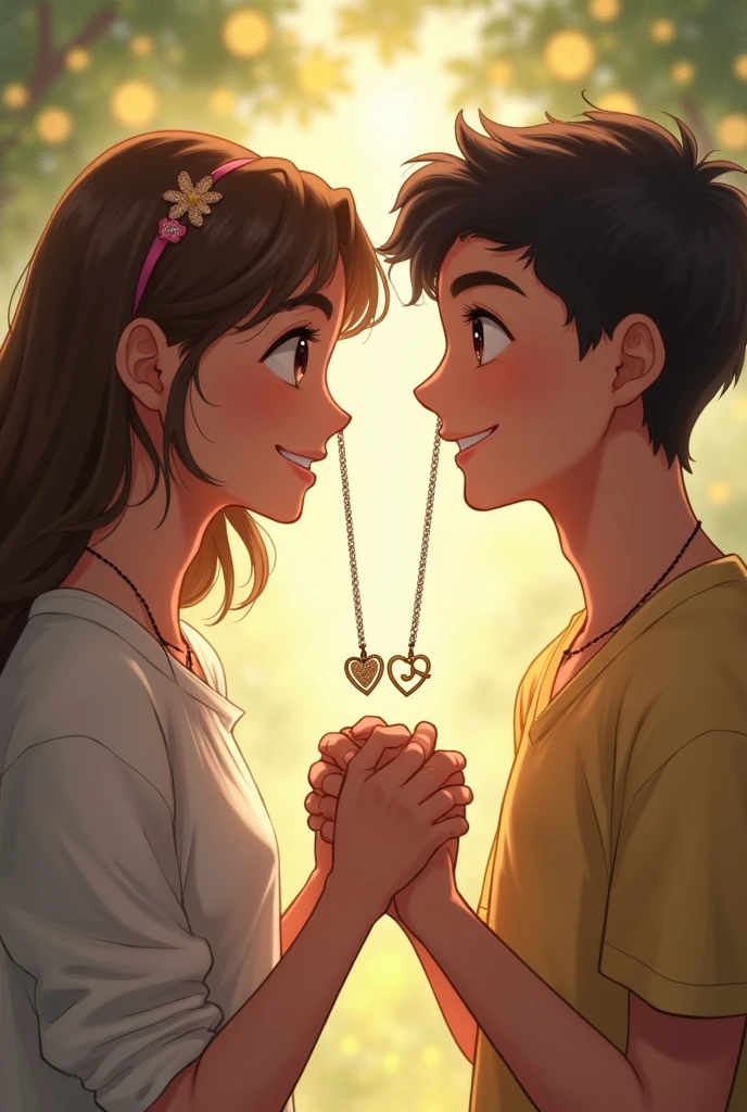 2 best friends give each other friendship necklaces