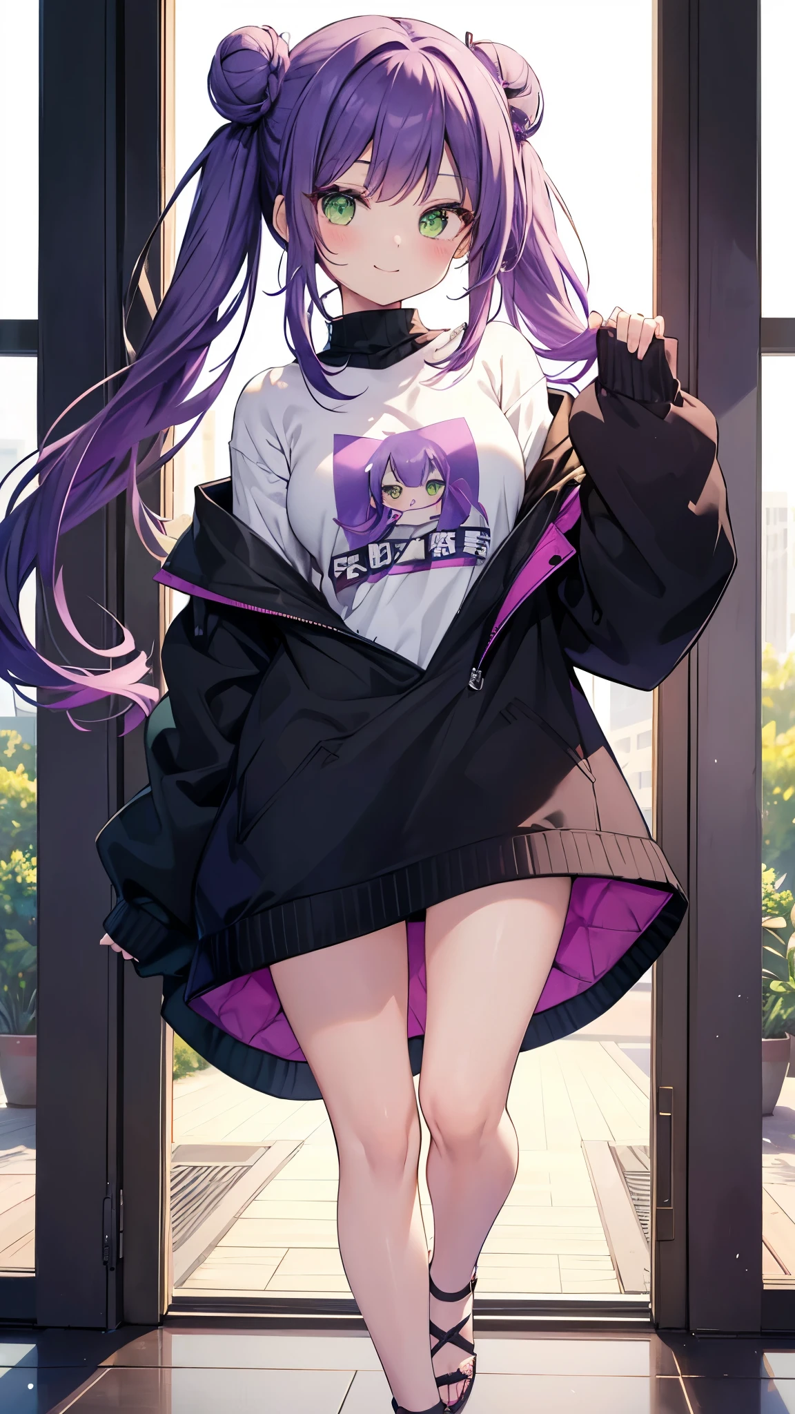 tokoyami towa, 1girl, solo, long hair, looking at viewer, blush, smile, bangs, shirt, long sleeves, twintails, green eyes, standing, purple hair, off shoulder, hair bun, sweater, sleeves past wrists, double bun, sandals, standing on one leg, oversized clothes, oversized shirt