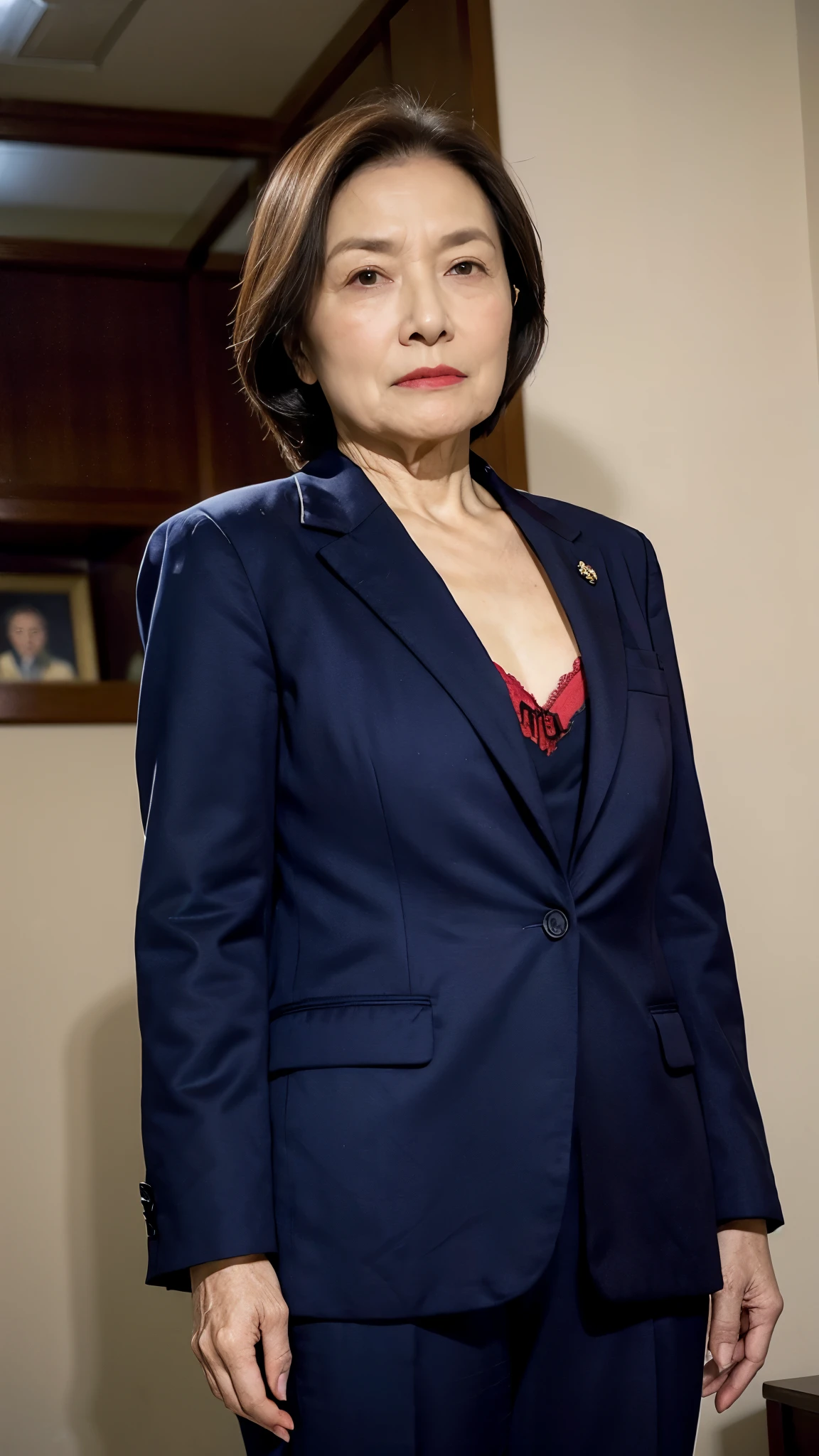 masterpiece, ((Depth of written boundary)), 32K, Vibrant colors, Beautiful finish, Face close-up, Beautiful mature woman, 90-year-old woman, Photo of your ID, Business operator, chief executive officer（CEO）, View from the front, Angry gaze, Cool look, Red lips, Thin lips, ((Wearing a suit over a bra:1.3)), Light from the front,