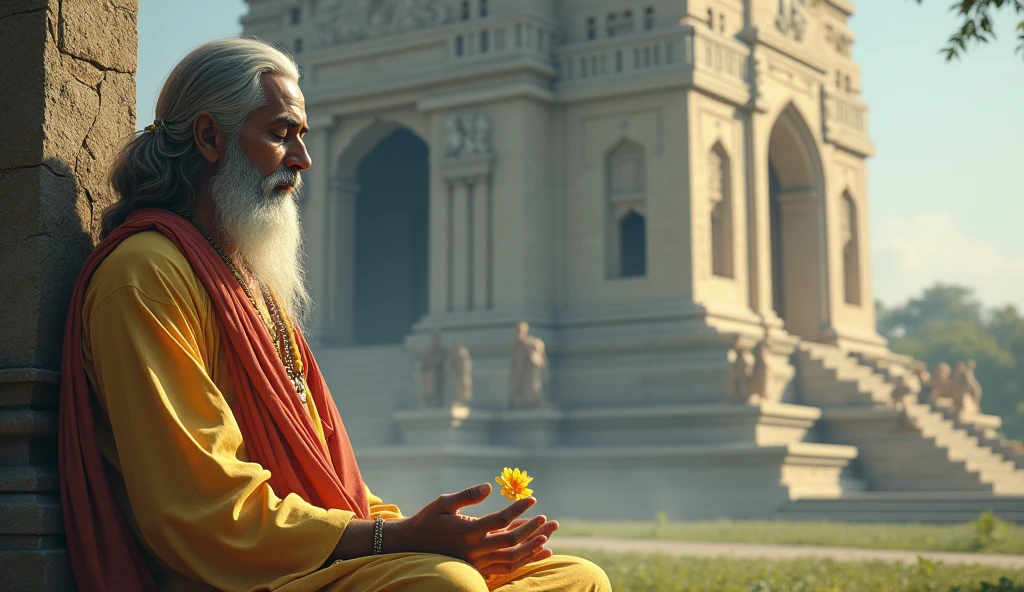Maharishi ved vyas pray with take a flower in his hand in front of 100 stone