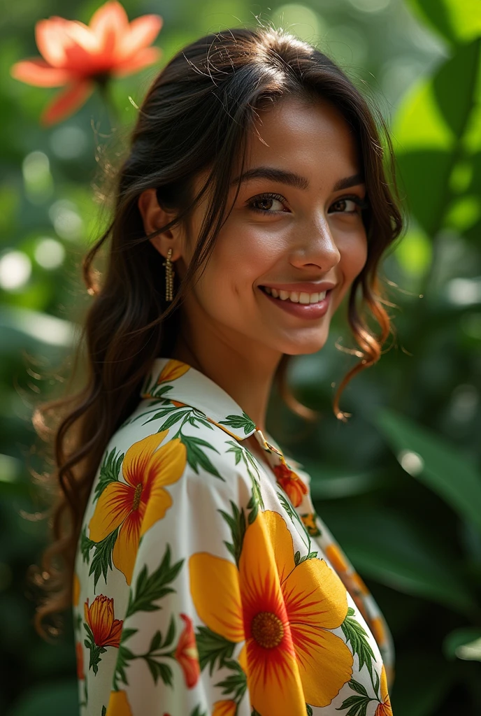 A Brazilian woman in a lush tropical garden, wearing an open shirt with a floral print, with a close-up capturing the harmonious beauty between her breasts and the natural flowers, showing off your natural charm and outgoing personality.