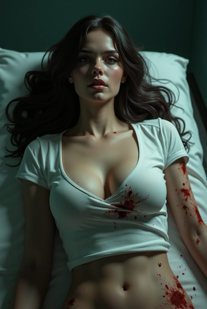 (photorealism:1.2) ((melhor qualidade)) ((hiper realista)) ((hiper detalhado)) beautiful and hot brunette girl, with beautiful body and legs, Very big boobs, Very pale skin, beautiful mouth, beautiful and pointed nose, dressing sexy tshirt, dead on The mortuary table, with small Whole gunshots, closed eyes. Blood dripping of The body. 1,78 m height and 79kg weight