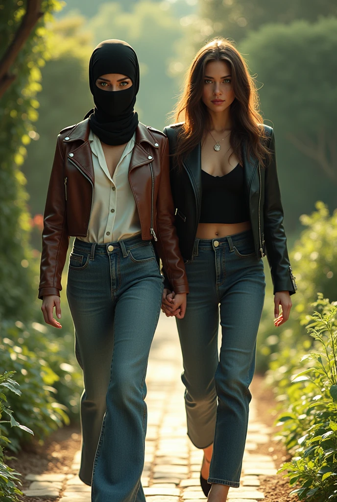 completely hidden face misterious white arabic woman wearing 2 eye holes black ski mask covering mouth and nose, without hair, black head scarf, green eyes, brown biker leather jacket, white formal button down blouse, wide leg denim pants, walking on the garden, high hill sandals, sunny day, walking hand in hand with beautiful brunette girlfriend wearing short dress