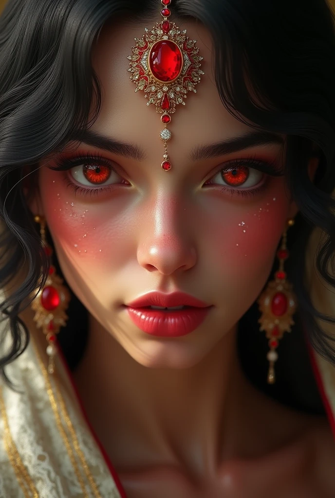 aesthetic lady tanned white skin lady, Black and red hairs mark facial jewels PERFECT MASTERPIECE, EXTREMELY DETAILED CG UNITY 32K UHD QUALITY RESOLUTION WALLPAPER, photorealistic, raw photo, PERFECT PHOTOGENIC CLARITY, official art, PRIZE WINNING PORTRAIT, ULTRA HYPERREALISTIC, ultra hyperdetailed, SHINING REALISTIC SKIN, ray tracing, unreal engine 5.8k, BRIGHT AMBIENT LIGHT cyberpunk, full body Portrait of an Arab girl's face, anime lips, mouth and tongue bite (((Red eyes)))