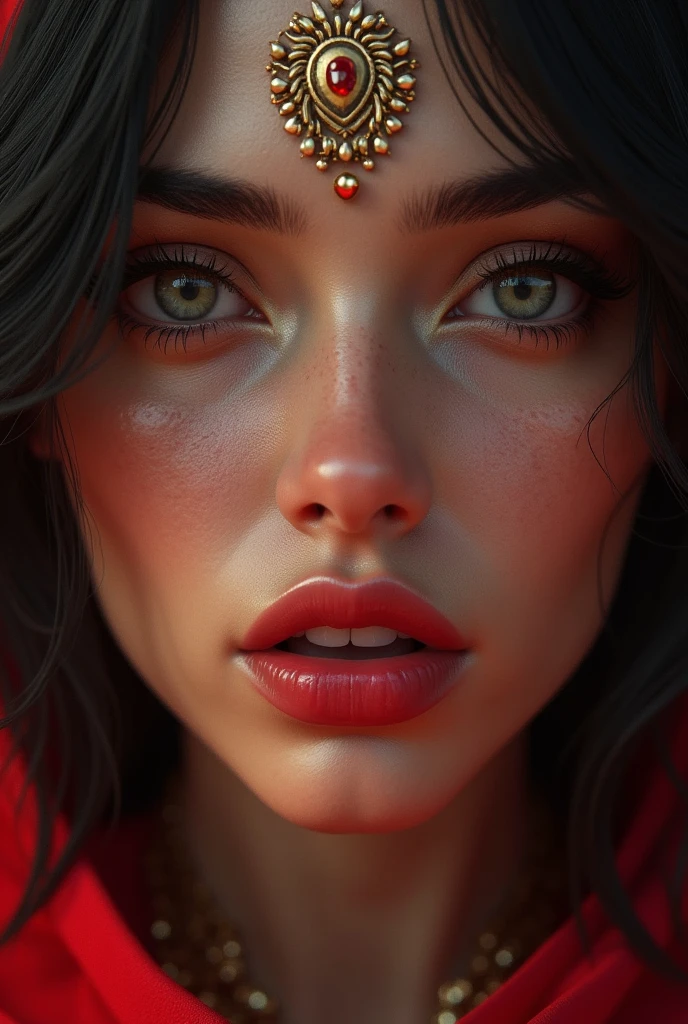 aesthetic lady tanned white skin lady, Black and red hairs mark facial jewels PERFECT MASTERPIECE, EXTREMELY DETAILED CG UNITY 32K UHD QUALITY RESOLUTION WALLPAPER, photorealistic, raw photo, PERFECT PHOTOGENIC CLARITY, official art, PRIZE WINNING PORTRAIT, ULTRA HYPERREALISTIC, ultra hyperdetailed, SHINING REALISTIC SKIN, ray tracing, unreal engine 5.8k, BRIGHT AMBIENT LIGHT cyberpunk, full body Portrait of an Arab girl&#39;s face, anime lips, mouth and tongue bite (((Red eyes)))