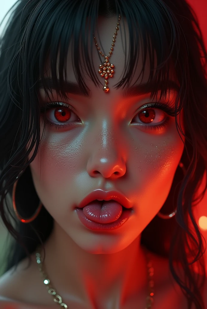 aesthetic lady tanned white skin lady, Black and red hairs mark facial jewels PERFECT MASTERPIECE, EXTREMELY DETAILED CG UNITY 32K UHD QUALITY RESOLUTION WALLPAPER, photorealistic, raw photo, PERFECT PHOTOGENIC CLARITY, official art, PRIZE WINNING PORTRAIT, ULTRA HYPERREALISTIC, ultra hyperdetailed, SHINING REALISTIC SKIN, ray tracing, unreal engine 5.8k, BRIGHT AMBIENT LIGHT cyberpunk, full body Portrait of an Arab girl's face, anime lips, mouth and tongue bite (((Red eyes)))