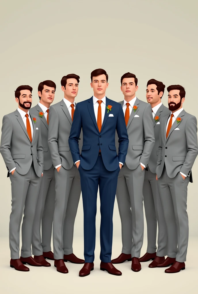 6 groomsmen in light gray suits and terracotta ties and the groom in the middle in a blue suit