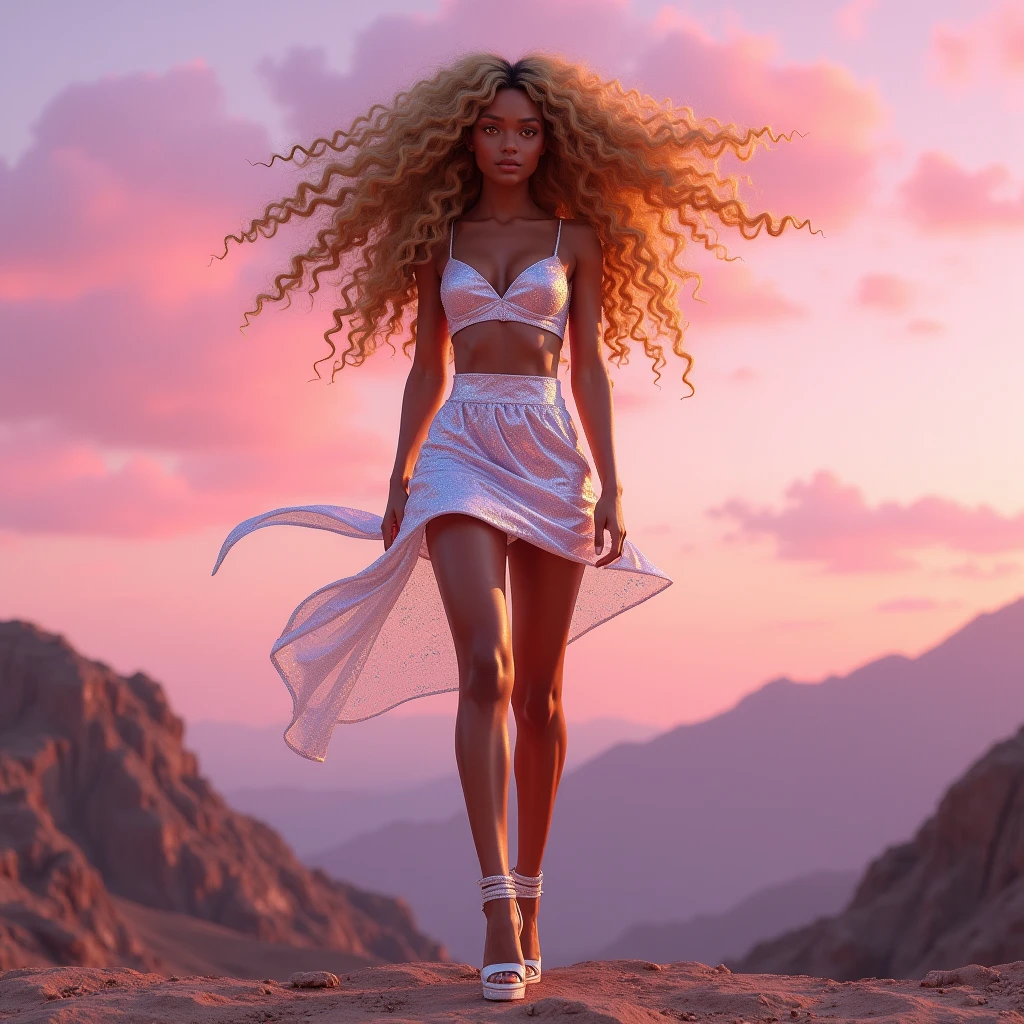 Toffee color skin, beautiful toffee mixed woman of 26 years old with long blond curly hair and extremely detailled clear yellow eyes , Whole body, She wears a beautiful sexy holographic top and skirt in ness, with beautiful stiletto hight heel she throws her hair in the back, her outfit shines. The sky is very pink, in a mountain