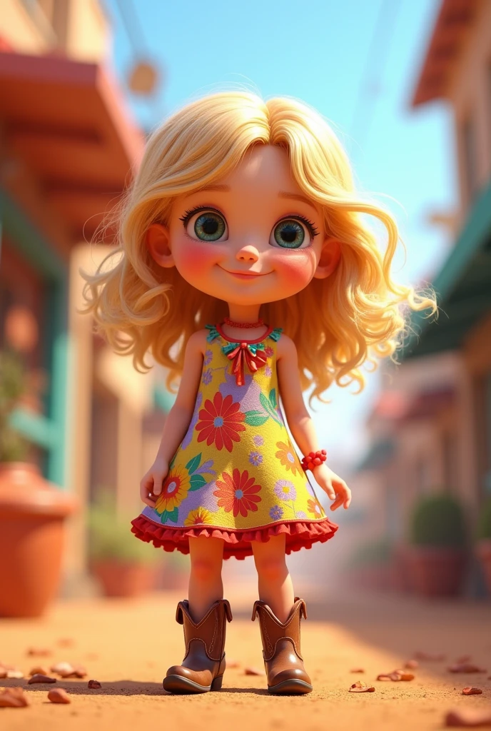 Cute blonde girl wearing a dress and cowboy boots, bright colors in background 3D Pixar style