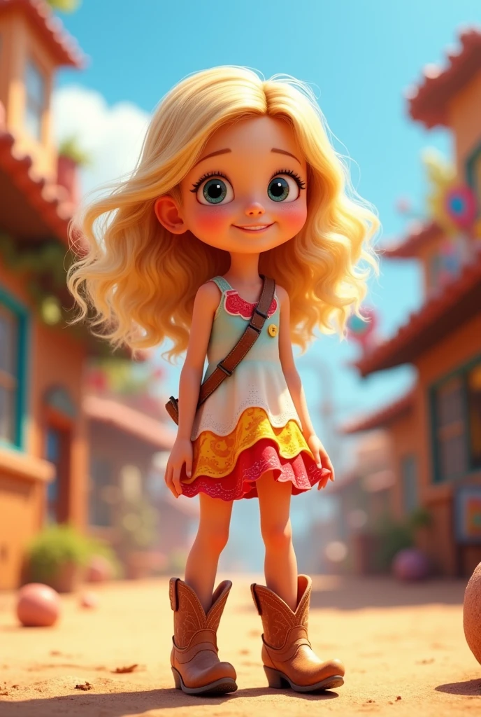 Cute blonde girl wearing a dress and cowboy boots, bright colors in background 3D Pixar style