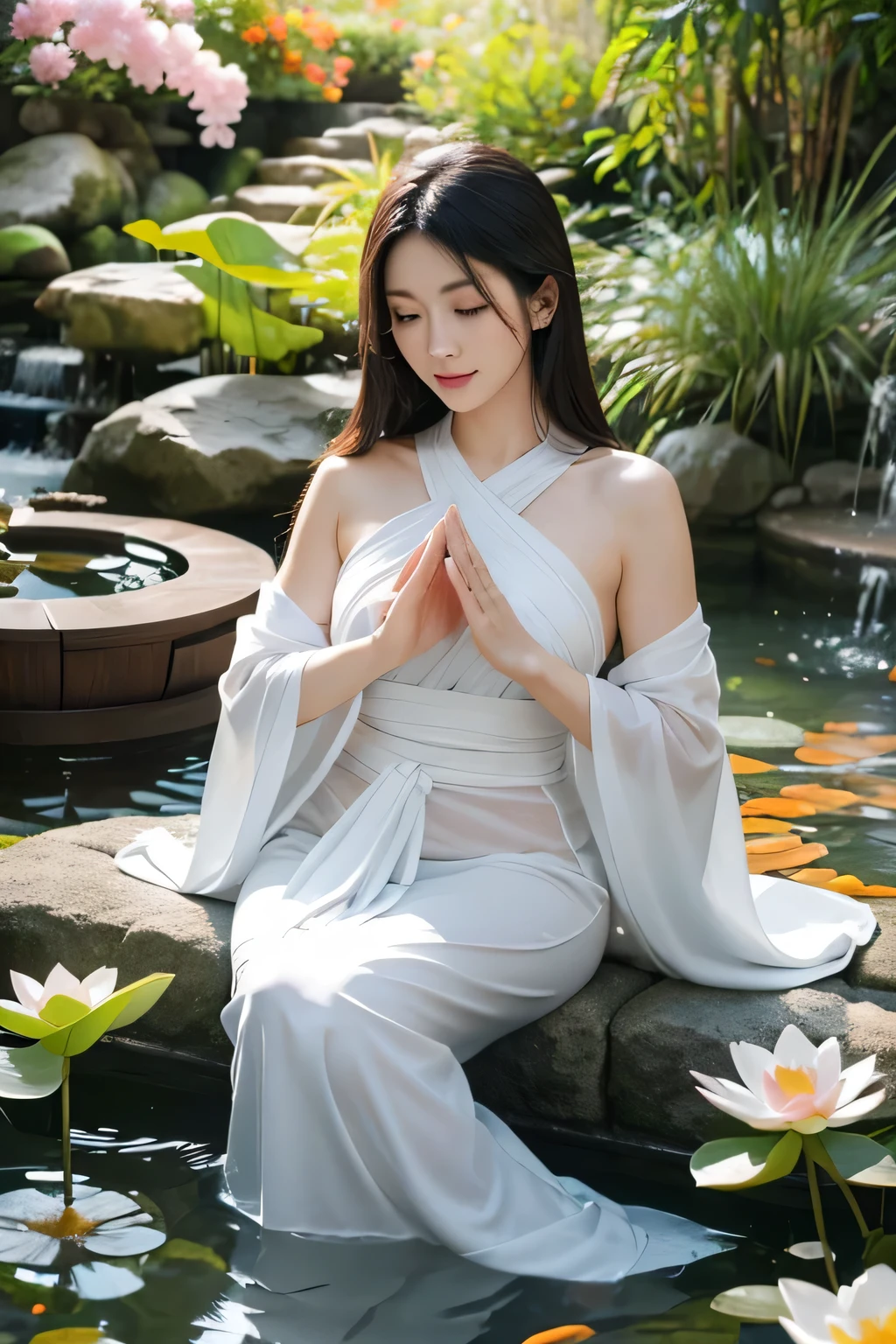a beautiful woman in a discreet Zen costume, meditating in an elaborate Zen garden with a koi fish pond and lotus flowers; smooth, sparkling skin; big wise eyes; breathtaking-pure beauty-divine perfection-unforgettable, impressive presence; volumetric lighting, halos, rays, vivid color reflections, super detailed, super sharp, super realistic, 8k