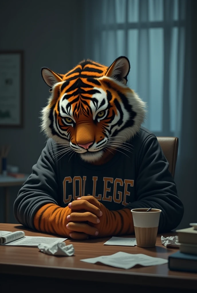 Make a college tiger, sad and crying at a table