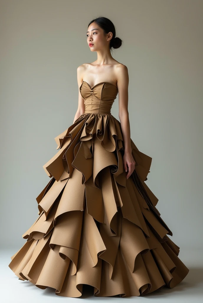 A girl wearing a ball gown, a long dress with a cut at the shoulders and a low neckline, exposed arms and long, y skirts, made of cardboard in different colors, such as brown and dark brownish.