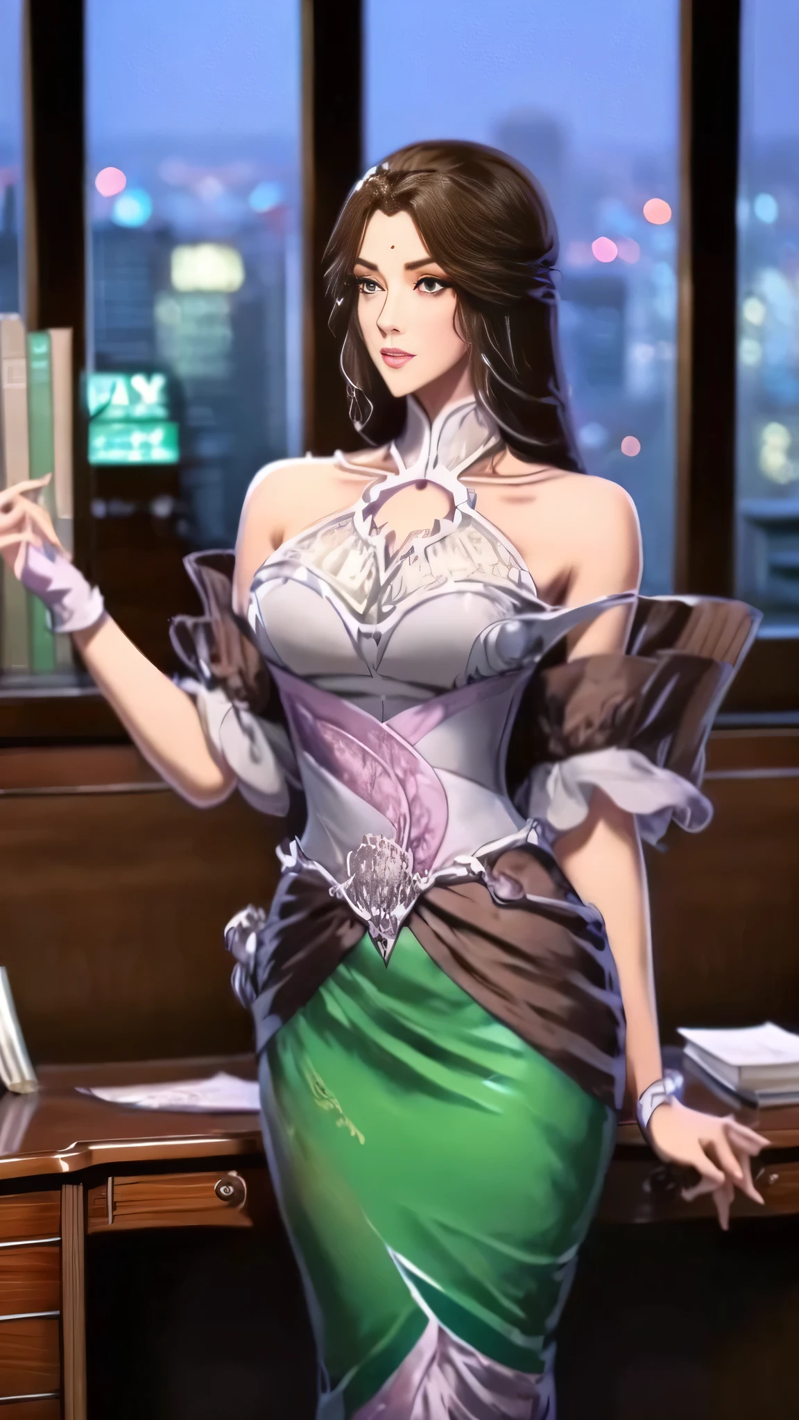 anime-style illustration of a beautiful and elegant woman in her late 30s with long, flowing black hair and captivating green eyes. She wore a thin, sophisticated corset suit that accentuated her authoritative and commanding appearance. She stood in a luxurious office, behind a large mahogany desk, exuding confidence and power. The office is lavishly decorated and has panoramic windows overlooking the bustling city, emphasizing her status as a lustful businesswoman. Her expression is one of intelligence and determination, and want to flow. Her pussy was dripping wet but there was still a bit of warmth and charm in her eyes.
