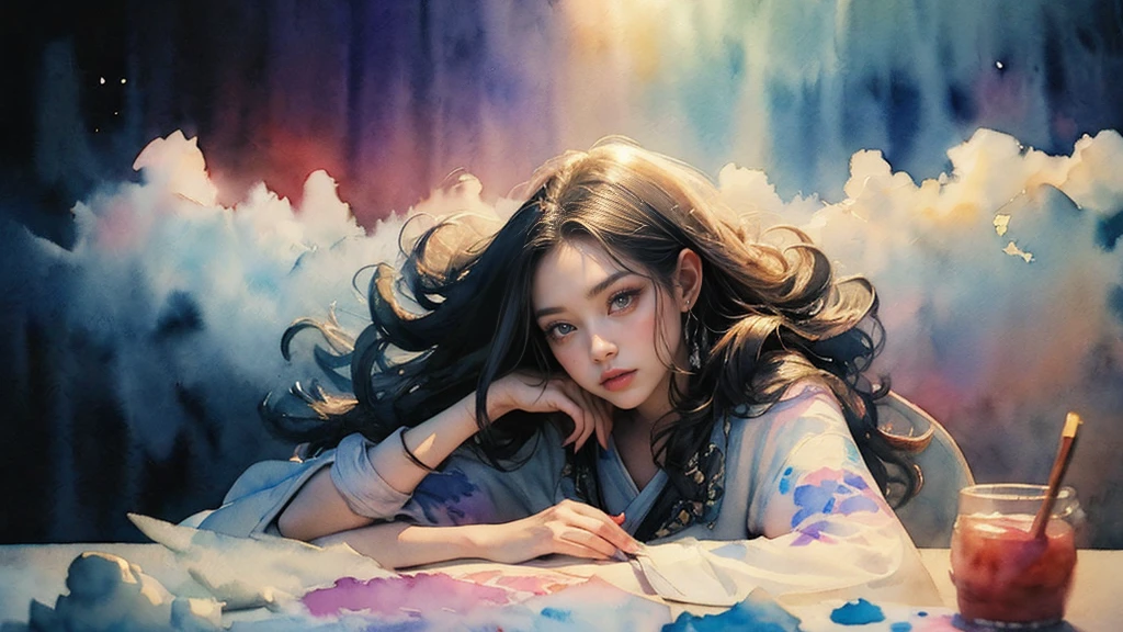 (Tabletop, Highest qualityの, Highest quality, Official Art, (beautifully、aesthetic:1.4), (Watercolor:1.4) ), (Izanami 1.5), 日本のgod話の女god, Majestic beauty, 創造の女god、生命の女god、Typically、((((Typically))))、Reincarnation Support, god'Grace, Gentle and meditative expressions, Flowing, celestial garments, Shine、Created all the landscapes and worlds on Earth, A dazzling dance of light, Whispers of Ancient Legends,Hands below chest level,The hair is a little shorter