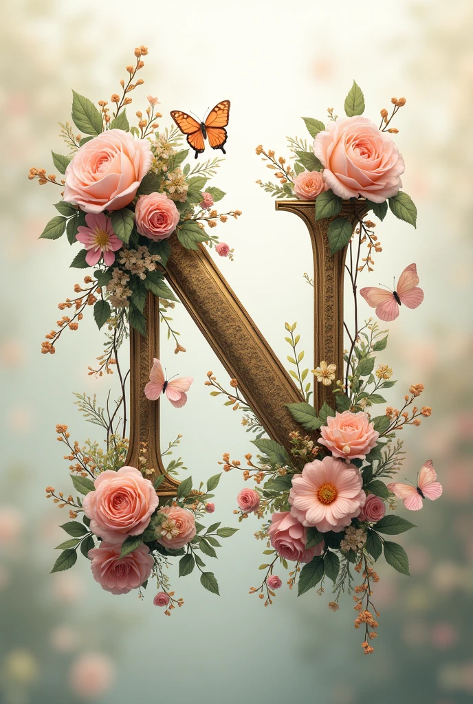 Alphabet "N" image with floral & butterfly in portrait background