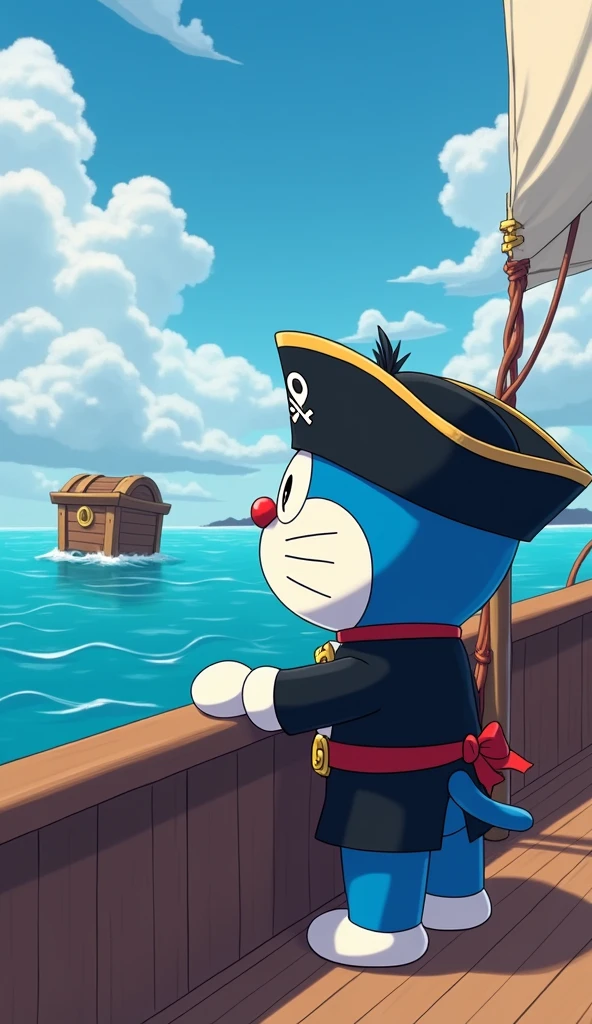 Image of Doraemon wearing a black hat pirate costume, black and red suit. Standing on the boat looking at the island next to it is a 3d treasure chest from a distance
