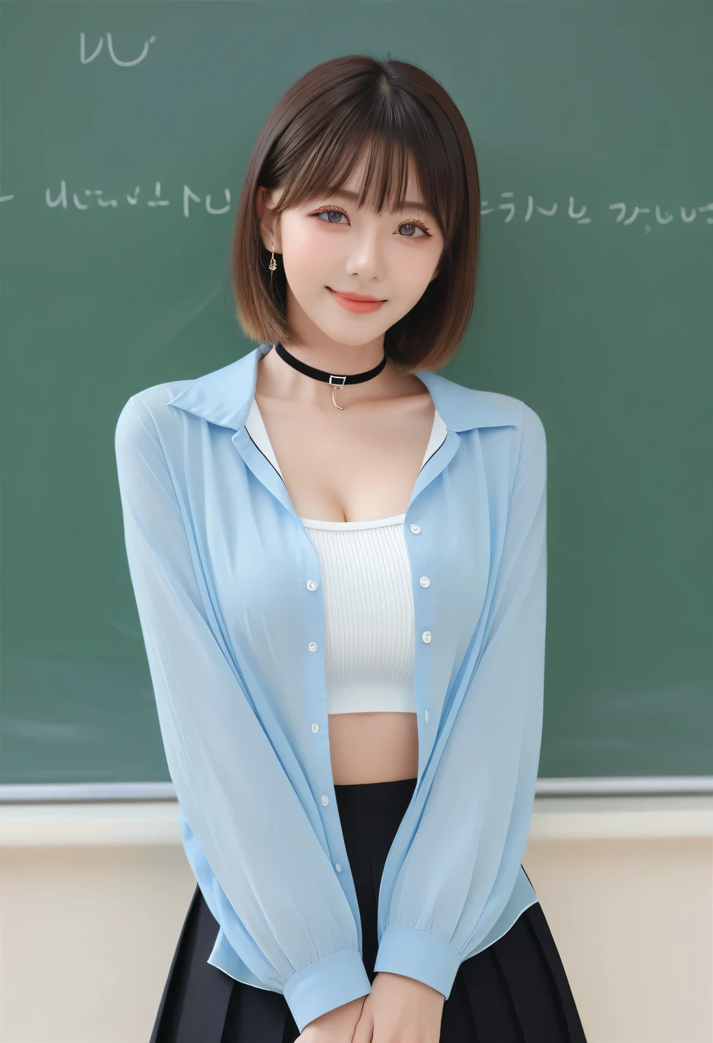 Highest quality、masterpiece、Group photo、(Light blue blouse), Large Breasts, ((Layered Haircut)),（8k，Highest quality），Full Body Shot，Shot from medium distances，School classルーム，student，class，class，Full body photo、 Adorable， smile， length, Brown Hair， 32K, masterpiece， Best image quality，Ultra-high resolution，Perfect hands，Black choker、blue eyes、bangs、Very lush and long eyelashes、 School、Summer clothes、((Big Breasts))