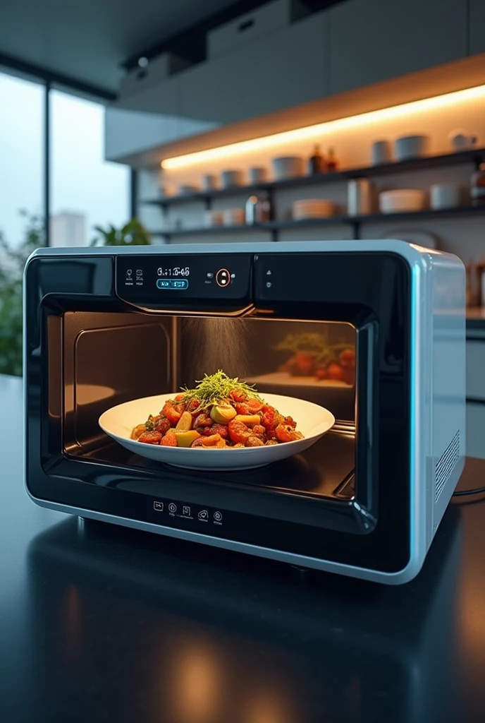 A futuristic microwave with a plate of ready-made food inside.