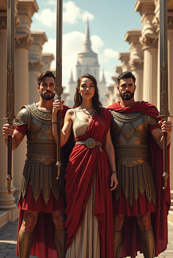 3 man next to a woman, a boy heros of ancient rome empire with legendary weapons
