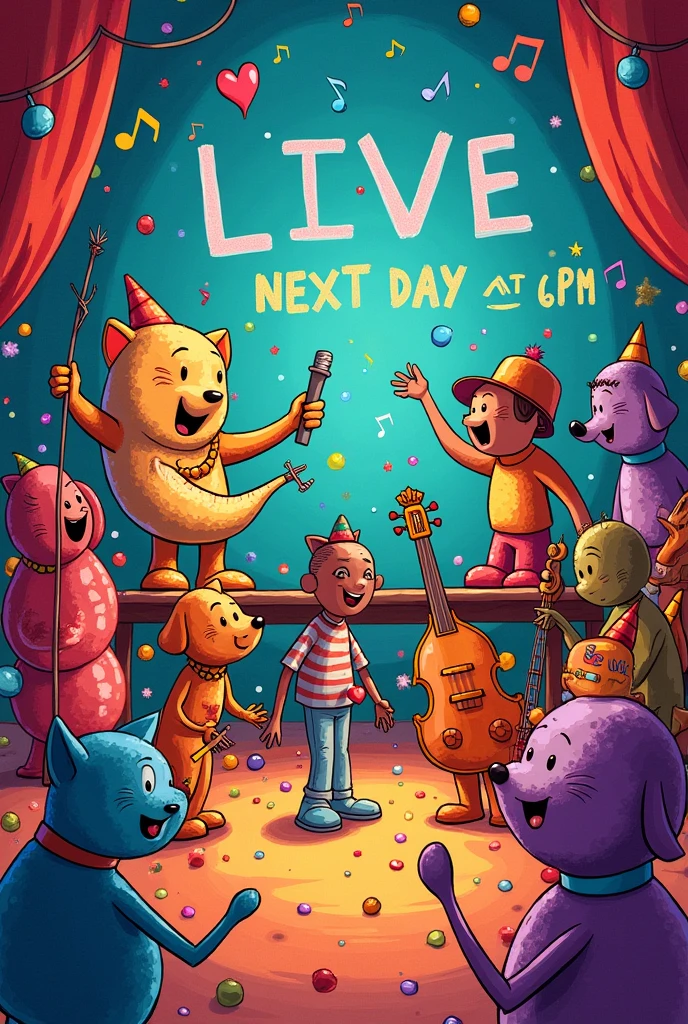 Create an image, with musical theme, in Spanish that says.
"Hi guys, Tomorrow there will be live at 6 pm, I wait for you".