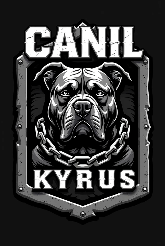 Create a logo with an image inside a frame of a low American Bully with chains and the phrase CANIL KYRUS written on it.