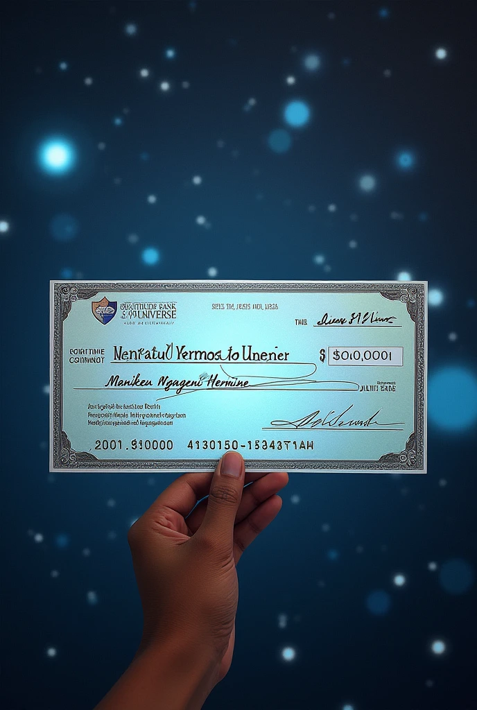 A check issued to MANIKEU NGAMENI HERMINE the sum of $10000 
On the 21 of August 2024, by the GRATITUDE BANK OF THE UNIVERSE signed by the universe. All words inon check are in English 