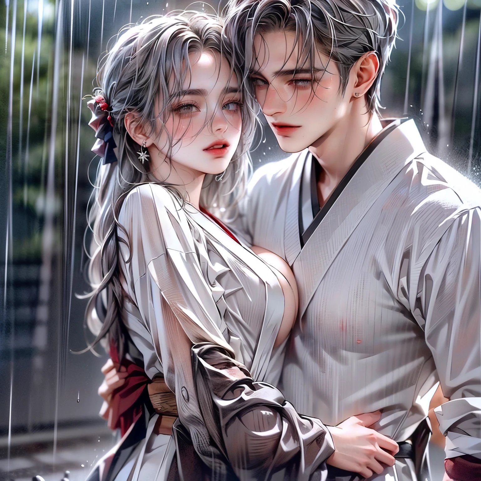 (masterpiece), (5K), (best quality), 2d Couple, ((a young gray hair couple)), ((a gray hair woman , sharp eyes, slit_ pupils, pale eyes, small boobs, red dress)), brown eyes, ultra well detailed eyes, ((a gray hair guy)), ((japanense clothes), beautiful couple pose, raining