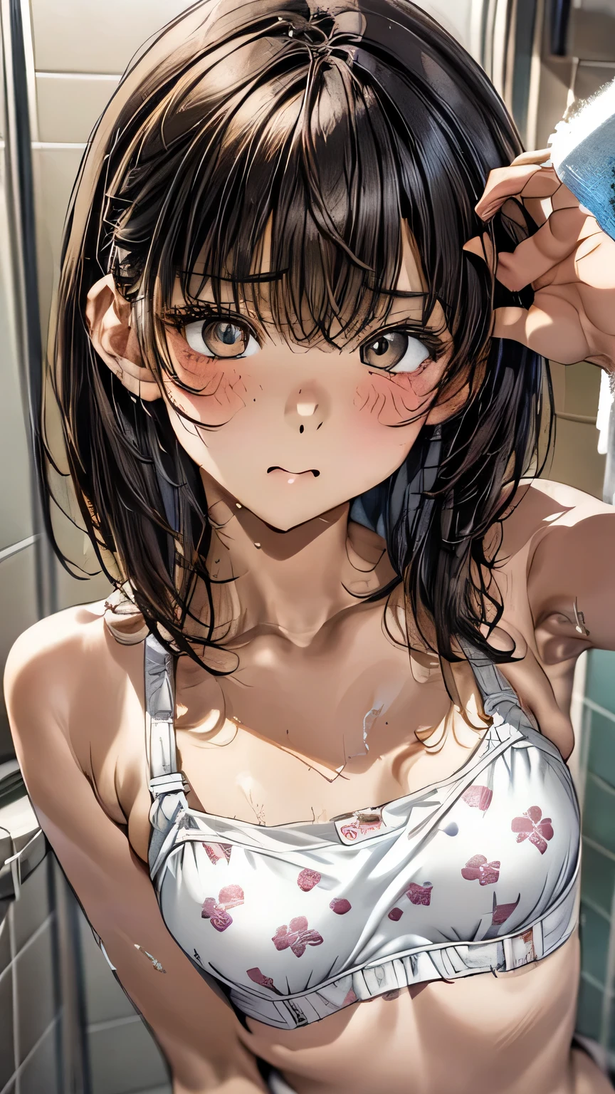 Highest quality、Realistic、、Japanese、zoom、man、cute、Grey Eyes、Light brown hair、Bob Hair、White character print bra White character print panties、thin、Small breasts、Pouting、freckles、Glasses、shower room、Cowboy Shot