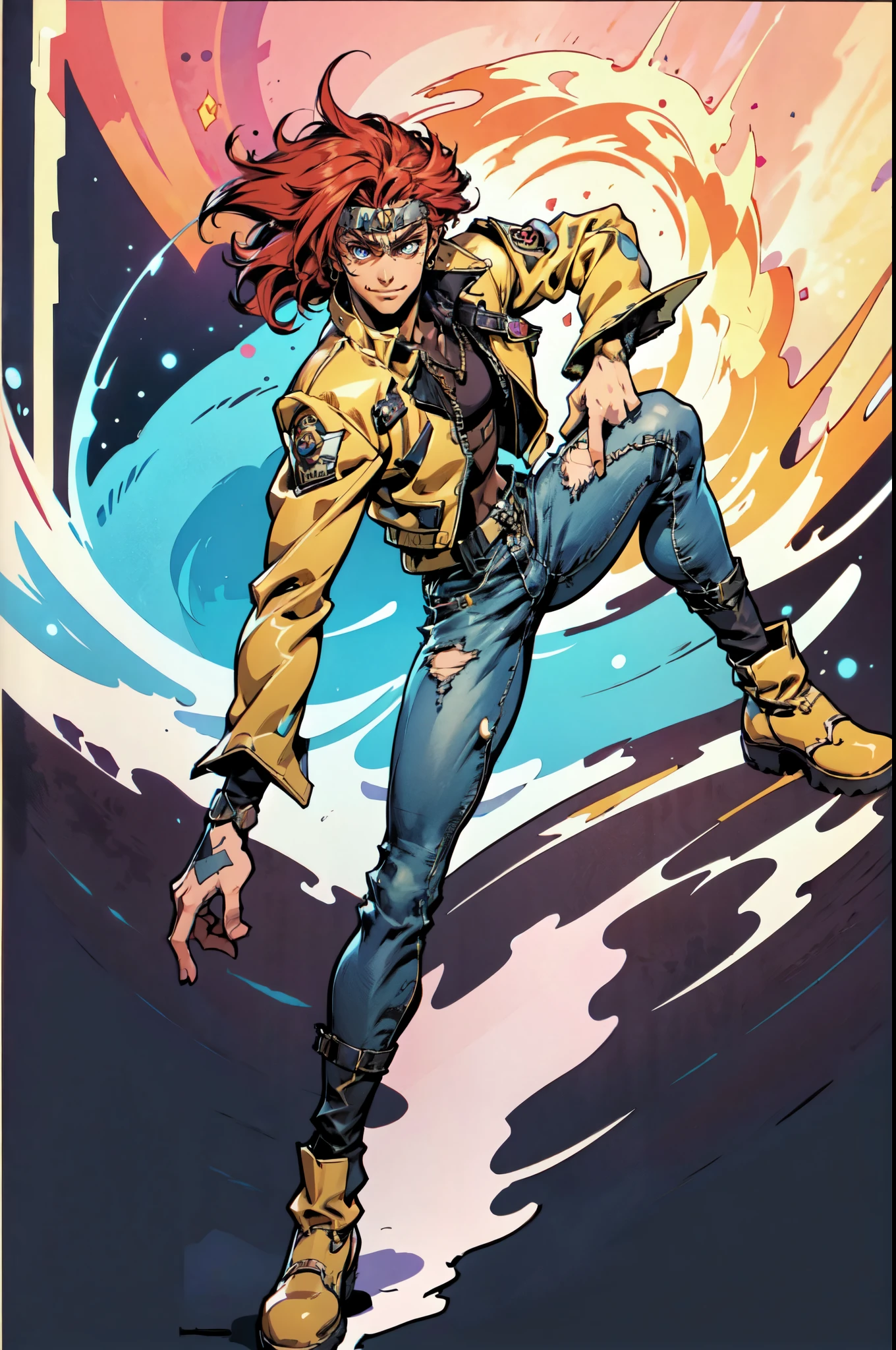 (masterpiece:1.2, best quality:1.2, extremely delicate:1.2), ((male:1.5)), a young man with messy red hair, a leather strap tied around his forehead, a handsome face, bright eyes, a rebellious smile, a slender build, a futuristic fantasy-style black and white leather jacket, dark jeans, hiking boots, he is making an exaggerated leap above the city, this character embodies a finely crafted futuristic fantasy-style rogue in anime style, exquisite and mature manga art style, dramatic, high definition, highres, ultra-detailed, ultra-fine painting, professional, perfect body proportions, golden ratio, anatomically correct, symmetrical face, extremely detailed eyes and face, high quality eyes, creativity, RAW photo, UHD, 32k, Natural light, cinematic lighting, (masterpiece-anatomy-perfect:1.2)