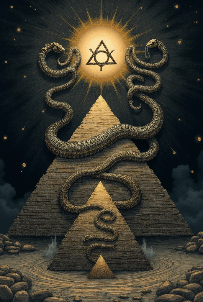 a drawing of a pyramid with a snake and a pyramid with a snake, ((((occult art)))), illuminati, ( all seeing eye ), occult art, meditations on moloch, illuminati symbol, occult inspired, all seeing eye, satanic symbolism, occult symbolism, masonic art, all - seeing eye, moloch, occult diagram, occult