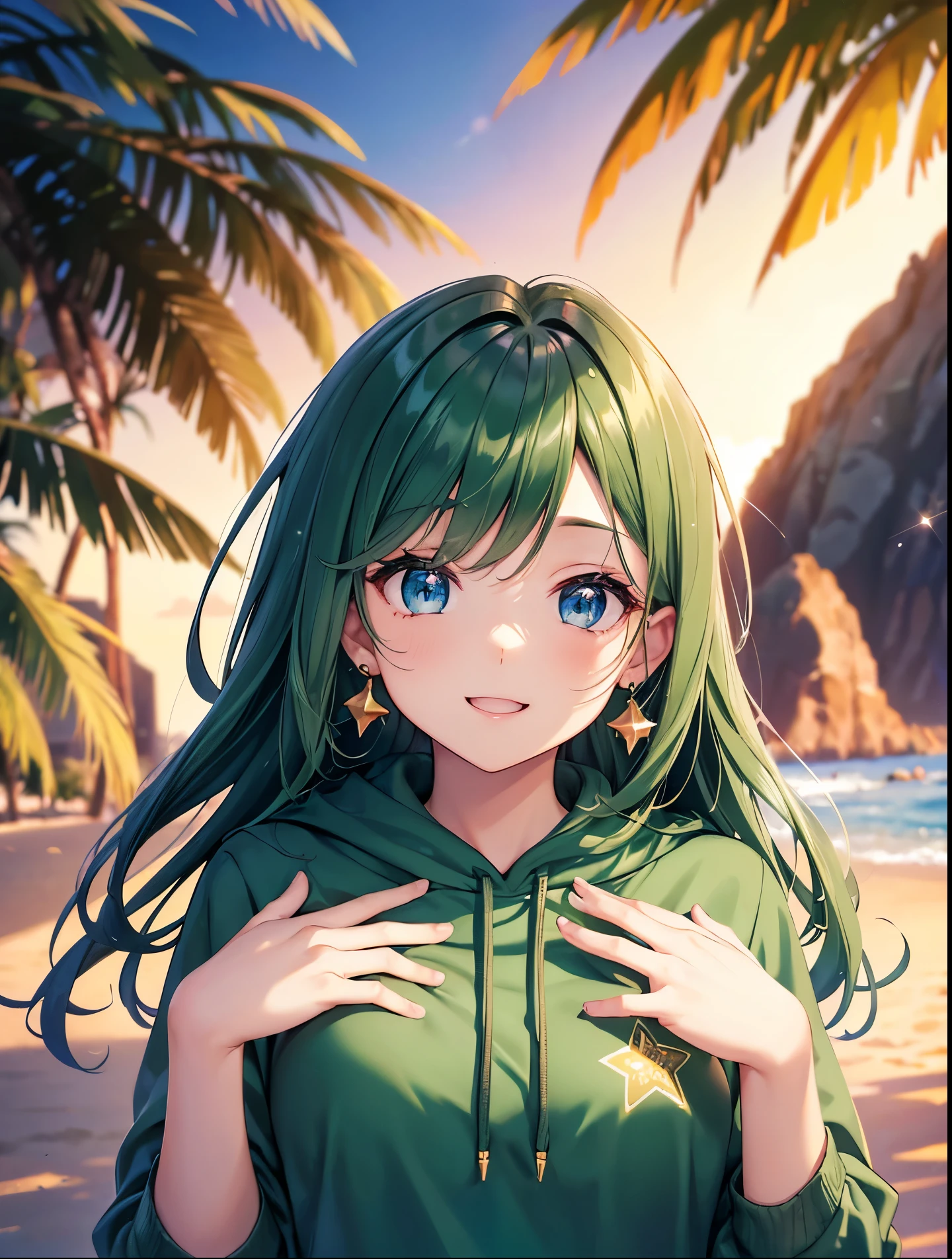 Dark dark green hair color emphasis, front view, upper body visible, open hand showing to us, waving pose, beautiful five fingers, (dark dark dark green hair color emphasis), long straight hair, cute shape is round (droopy) eyes close together, blue eyes, kind young pretty face, vermilion Hoodie, star pattern on hoodie, shy, smiling without opening mouth, big golden star earring, golden hair clip, sparkling eyes, walking on beach at sunset, face focused, fresh smile, green floral patterned hoodie, ( high quality, golden numeral 5 earring, droopy eyes, blue eyes, face close-up small breasts, hands, background without shadows, high quality, Focus on the face.