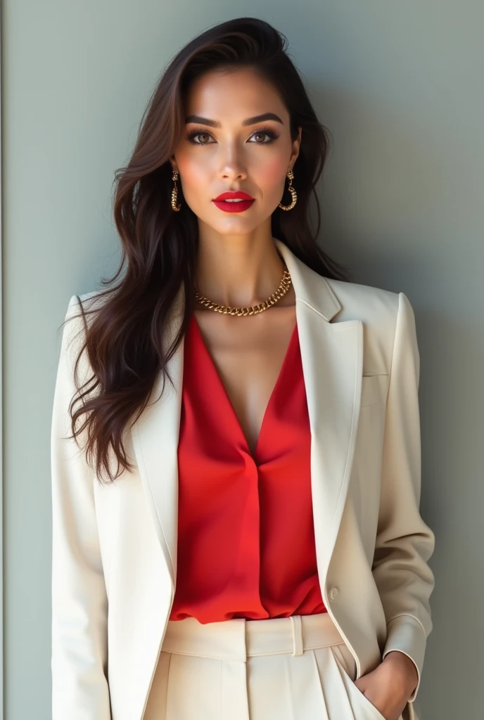 Woman , long straight hair in dark brown color, brown eyes and fair skin. Wear bright red lipstick, with the background of a light gray wall and she is wearing an off-white blazer and a closed red blouse and off-white dress pants. She is wearing a gold necklace and earrings.