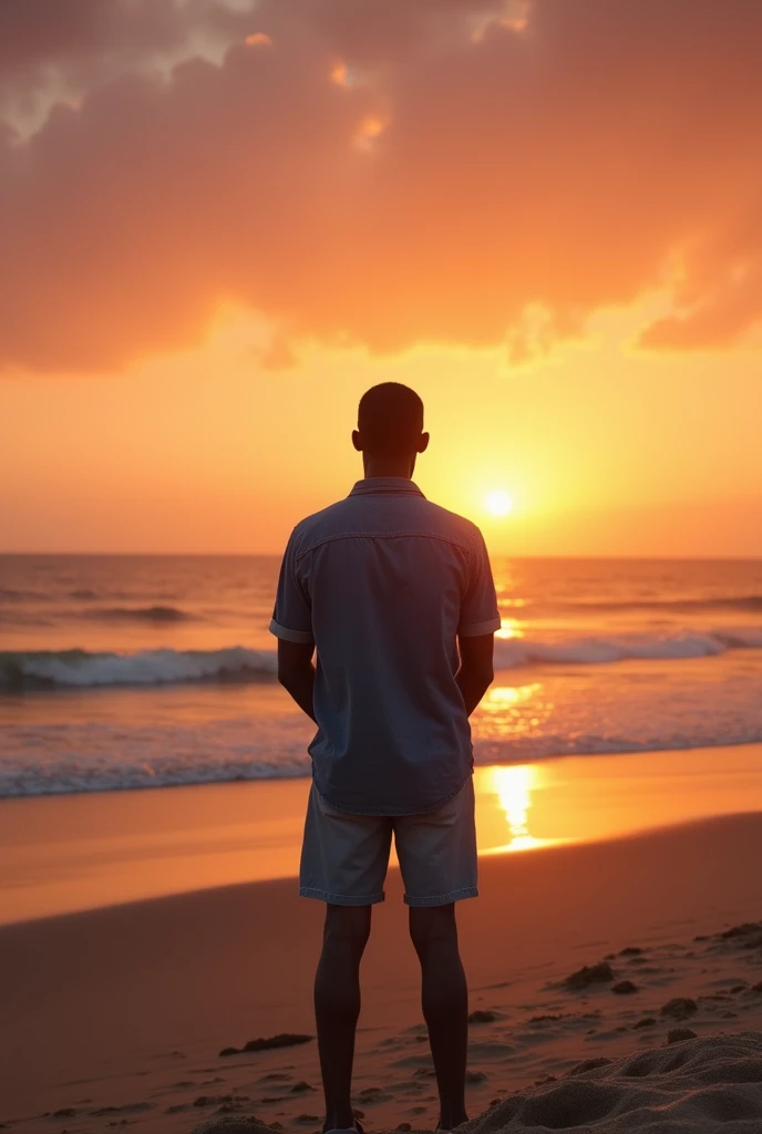 Generate a picture from afar from the camera of a man afar facing the beach at a far distance at a beach, facing the beach as the sun set 
Let him be much afar and should be an African pitting on a Jean shirt and shorts