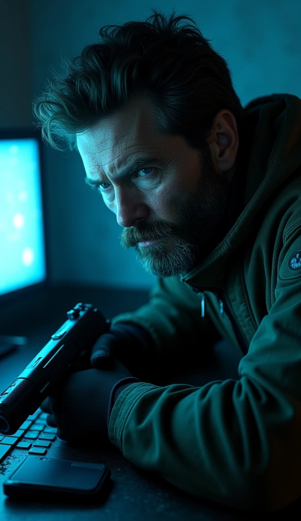 Solid Snake crouches in a shadowy, high-tech environment, clad in his iconic stealth suit. The cool blue light from nearby monitors casts a dim glow on his rugged face, lined with determination and fatigue. His piercing eyes scan the surroundings, while his gloved hands grip a silenced pistol. The scene is heavy with tension and the weight of countless covert operations, capturing Snake's relentless focus and the emotional toll of his solitary, high-stakes missions. The stark contrasts between light and shadow enhance the atmosphere of suspense and resilience.