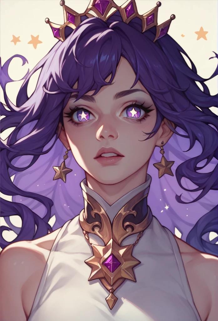 A queen with dark purple hair and stars for pupils